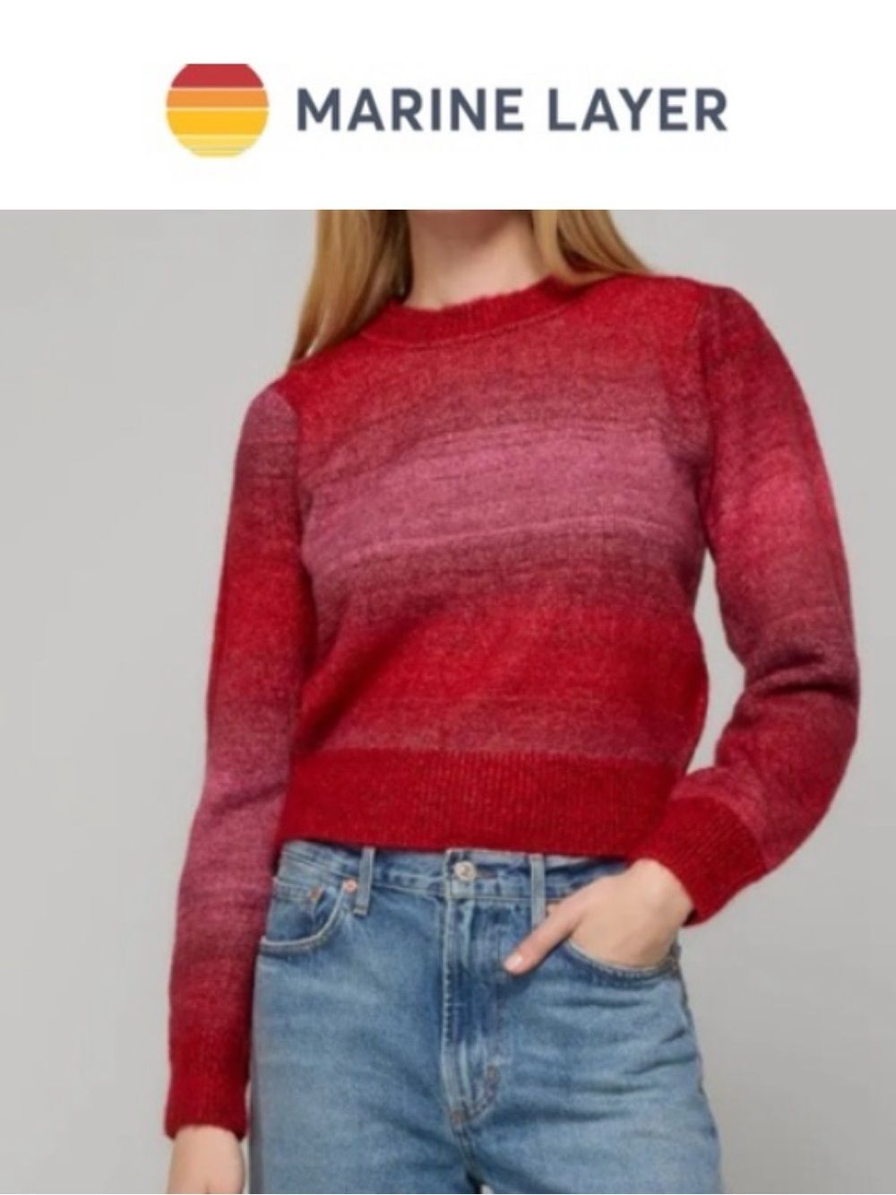 NWT Marine Layer Ayla Puff Sleeve Crewneck Boxy Sweater Red Pink Warm Ombre S